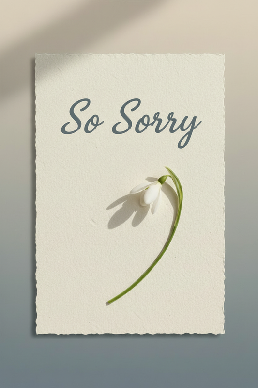 So Sorry condolence card with larger artwork and a soft white flower