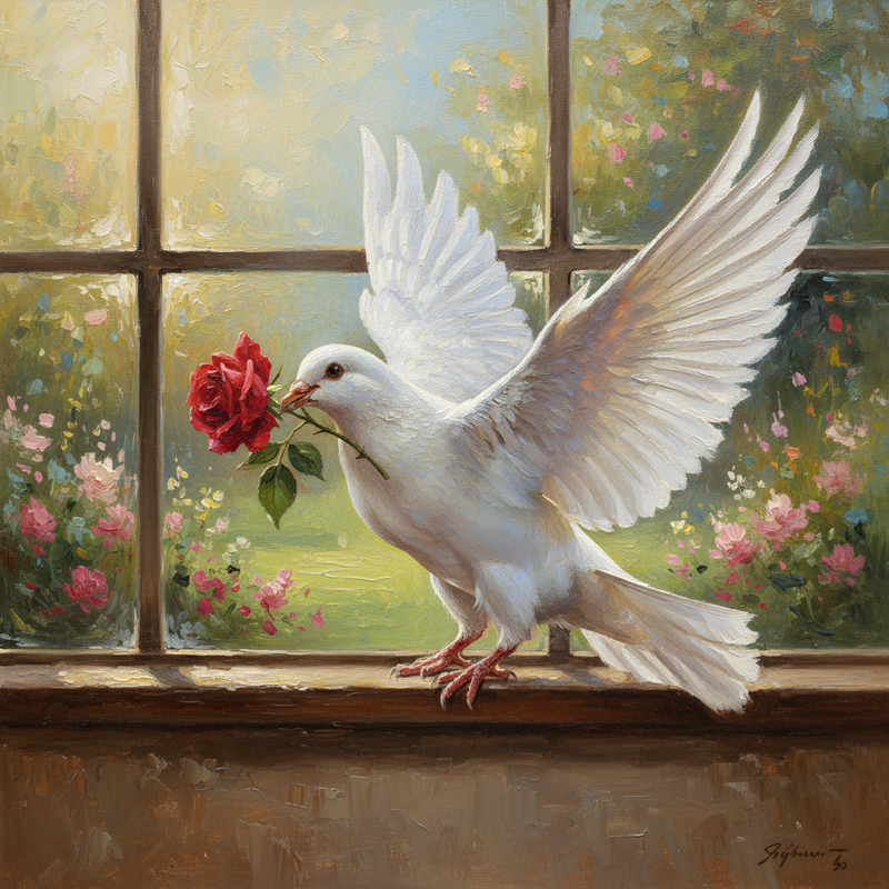 Painted dove with rose on window sill